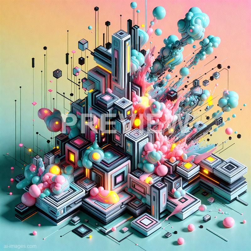 A vibrant, abstract digital artwork featuring a complex arrangement of geometric shapes, primarily cubes and spheres, interconnected with fine lines and illuminated with bright neon-like colors. The structure appears to be erupting or expanding outward, with colorful clouds and splashes of pink, blue, and yellow, set against a gradient pastel background. The scene gives a sense of dynamic movement and futuristic technology.